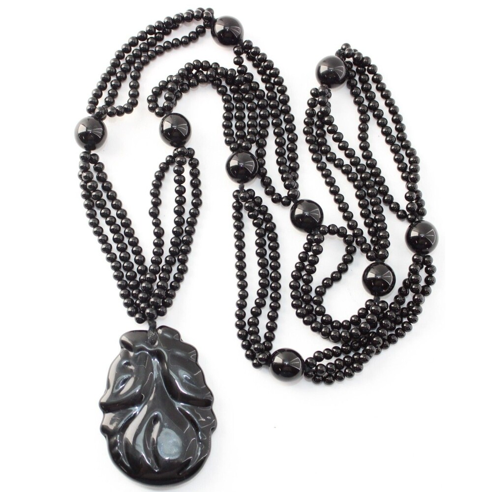 Chunky Vintage Black Glass Flower Pendant 3 Strand Bead Necklace 31"